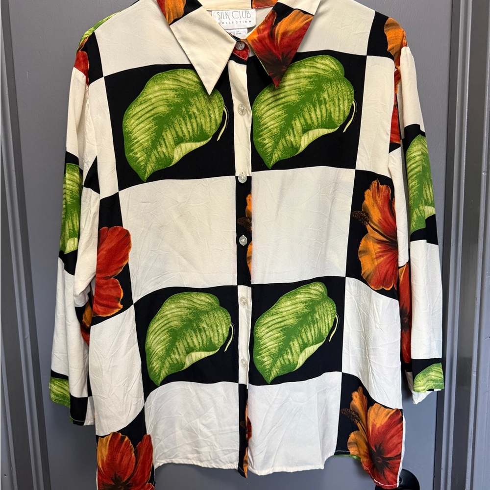 Checkered black and white silk button up blouse